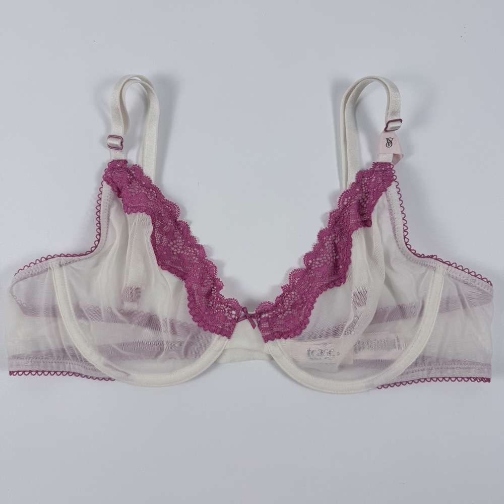 Victoria's Secret Tease Unlined Demi Bra White Sheer Mesh Pink Lace 36B NWT